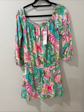 Lilly Pulitzer Tropical Floral Off-Shoulder Romper in Pink, Green & Blue